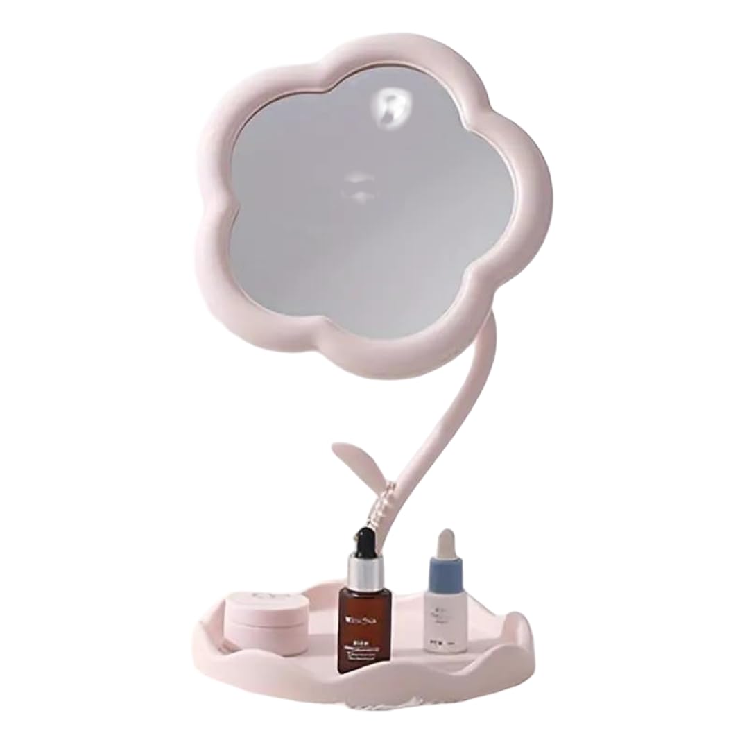 Makeup Mirror with Storage Tray Flower Shape - Tabletop Vanity Mirror Stand with Jewelry Organizer Base, Adjustable Desk Cosmetic Mirror for Dressing Table Bedroom Bathroom-image-2