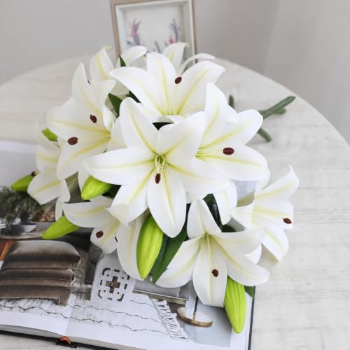 Image of CURATED CART 2 Pcs Lily Artificial Flowers Bunch for Home Decoration - Big Lilys Bouquet for Home Decor - Real Touch Faux Latex Long Stem - Includes 6 Lily Flowers and 10 Half Bloom Buds-White Colour
