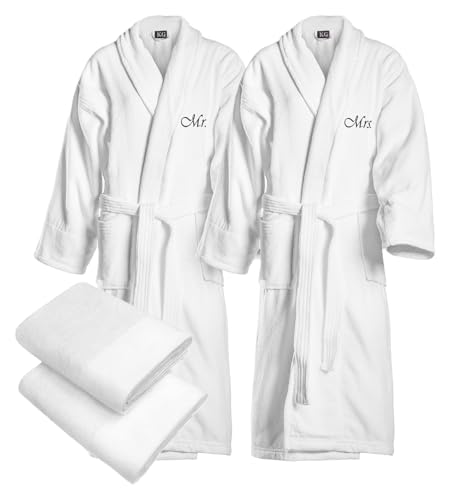BEN KAUFMAN SALES CO Custom Bathrobes | 4pc 100% Cotton Velour Personalized His and Hers Robes For Couples With Matching Towels 30