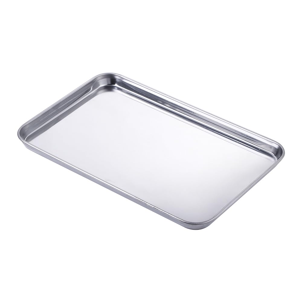 Baking Sheet Pan,Stainless Steel Cookie Sheets, Commercial Metal Pans Toaster Oven Tray Bakeware for Jelly Roll/Bread/Bacon(26.5x15.5x1.2 CM)