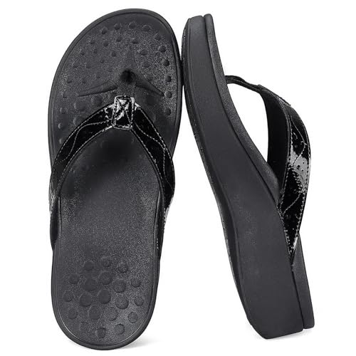 Tmaza Women Arch Support Platform Flip Flops Resilient Cushioned Footbed Summer Walking Beach Thong Sandals Black 7.5