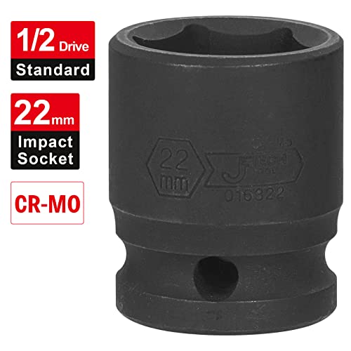 Image of Jetech 1 /2 Inch Drive 22mm Standard Impact Socket, Metric, Chrome Molybdenum Alloy Steel (Cr-Mo), 6-Point Design, Cold Forged & Heat Treated for Automotive & Heavy-Duty Maintenance