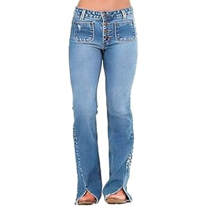 Flamingals Boot Cut Butt Lifting Mid Rise Casual Wash Floral Embroidered Split Hem Denim Pants