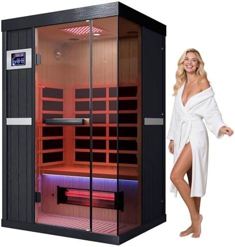 OnxyEdge 2-Person Full Spectrum Infrared Sauna, 1990W - 120V, 12 * 12" Red Light Therapy & 2 Built-in Speakers, Indoor Dry Sauna with Dual LED Controls for Home & Gym – Hemlock Spa Room (Wood)