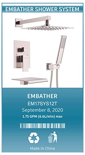 EMBATHER Shower System with Waterfall Tub Spout 10 inch Shower Tub Faucet Set wiht Rain Showerhead and Handhled,Brushed Nickle(Contain Rough-in Valve Body and Trim） - Thumbnail 6