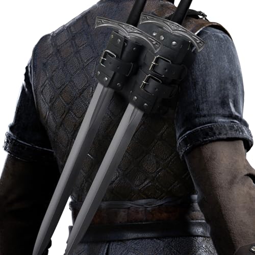 HiiFeuer Medieval Faux Leather Double Back Sword Frog Mercenary Adjustable Sword Holster Middle Ages Back Sword Holster (Black A)