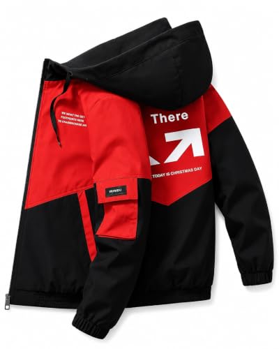 Image of Men's Hooded Windbreaker Jacket Lightweight Full Zip Color Block Casual Coat Water Resistant Outdoor Sports Hiking Running Travel Fashion Hoodie for Men