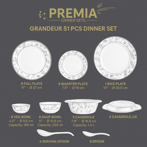 Image of Larah by Borosil 51pc Opalware Grandeur Dinner Set for Family of 8 | Microwave & Dishwasher Safe Crockery Set for Dining & Gifting | Plates & Bowls