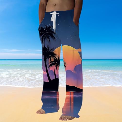 Generic Mens Linen Pants Beach Hawaii Print Casual Summer Casual Pants Elastic Waist Drawstring Baggy Trousers with Pockets, X-Large2