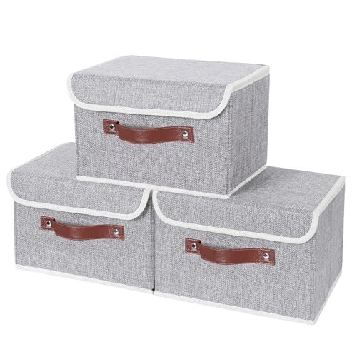 LaMorΓ©e Storage Bins with Lids Decorative Storage Boxes with PU Leather Handle 3 Pack Collapsible Closet Storage Basket Cotton Linen Basket Fabric Storage Cubes 15