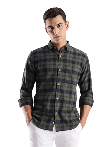 Image of TURMS Men's Casual Checks Shirts, Odor Control, Moisture Wicking, Button Down Collar, Cool Tech Cotton Fabric, Tailored Fit, Full Sleeve