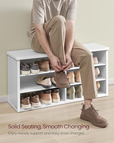 Image of VASAGLE Shoe Bench, Storage Bench, 6 Compartments, Adjustable Shelves, for Living Room, Entryway, Dorm, 11.6 x 39.4 x 19.7 Inches, Cloud White ULSB036W01