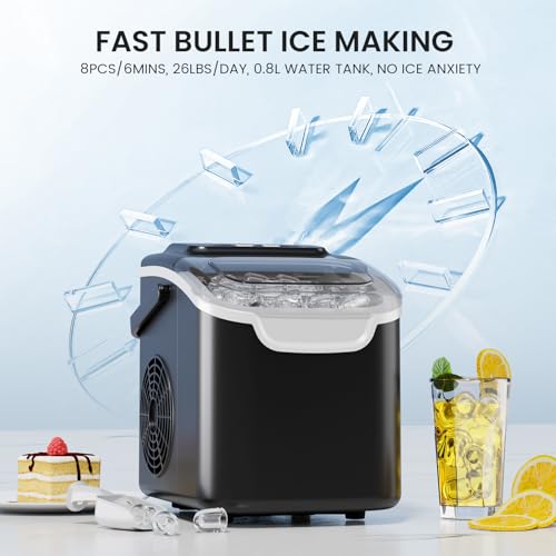 Image of Crzoe Ice Makers Countertop with Handle, 2 Sizes of Ice, 8 Bullet Ice Cubes in 6 Mins, 26Lbs /24H, Portable Ice Maker with Self-Cleaning, Ice Machine for Home&Kitchen&Office&Party