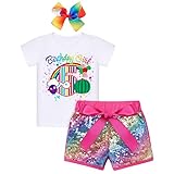 Melon Birthday Outfit Kids 5th Birthday Girl Outfit Cake Smash Shirt Rainbow Shiny Gold Sequin Shorts Bow Headband Photoshoot Summer Watermelon Themed Fifth Birthday Glow Party Supplies Five 5 Year