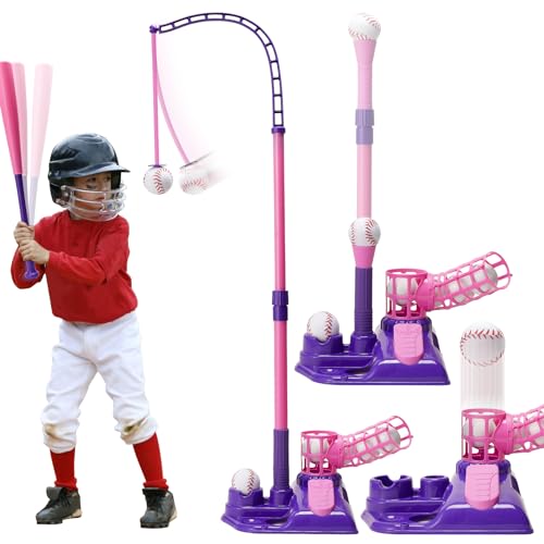 3-in-1 T Ball Set for Kids, Height Adjustable Baseball Set with 6 Softballs, T Ball Stand, Hanging Tee, Auto Ball Launcher, Retractable Bat, Indoor Outdoor Sport Toys for Boys Girls 3-5 5-8 (PINK)