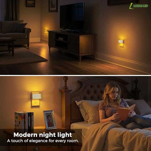 Image of L LOHAS LED Modern Plug in Night Light with Dusk to Dawn Sensor, 2000K Amber Warm Night Lights Plug into Wall, Dimmable Night Light for Bedroom, Bathroom, Kids' Room (White, 2 Pack)