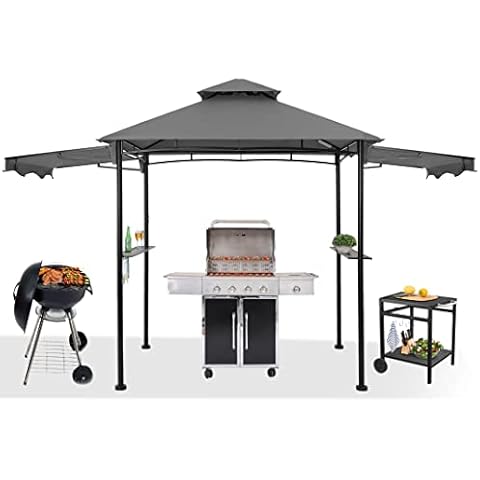1.5x4M Grill Gazebo, Outdoor BBQ Shelter, Grill Patio Canopy with Shelves & Two Extra Awnings (Dark Gray) Cover
