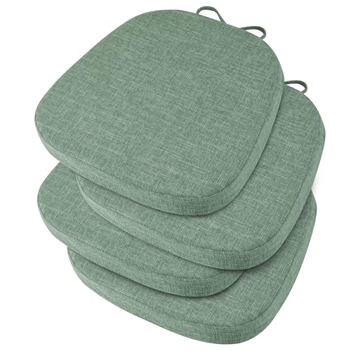 Image of OVOV 14x14 Chair Cushions for Metal Dining Chairs Set of 4 Sage Green | Non Slip, Washable Removable Cover with Ties, Textured, for Dining Room, Kitchen Cafes Bistro Patio, Stackable Chairs