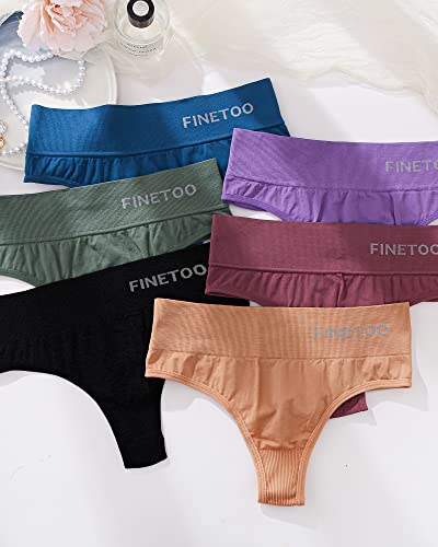 FINETOO 6er-Pack High Waisted Thongs für Frauen, Nylon Spandex Panties Breathable Soft Stretchy Unterwäsche High Rise S-XL, 6 Stück D, Large-X-Large 5