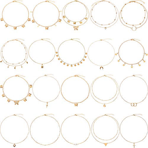 Hicarer 20 Pieces Gold Simple Necklace Layered Choker Necklace Adjustable Pendant Necklace Multilayer Choker Chain Coin Moon Star Butterfly Pendant Necklaces Set for Women Girls