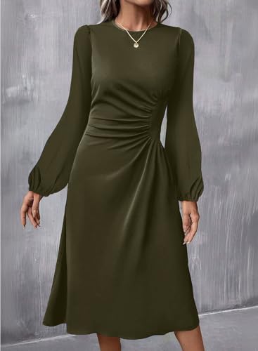Image of Happy Sailed Women's Long Sleeve Ruched Waist Flowy A Line High Low Midi Cocktail Party Dress
