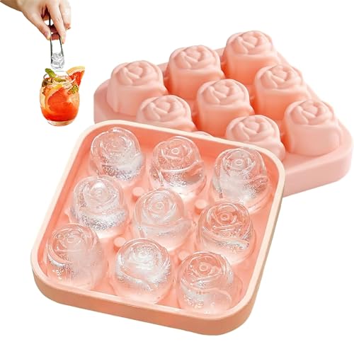Rose Ice Cube Mold with Lid Silicone Rose Ice Tray for Freezer Make 9 Slow-Melting Rose Ice Balls for Cocktails Whiskey Easy Release Flower Ice Mold Pink