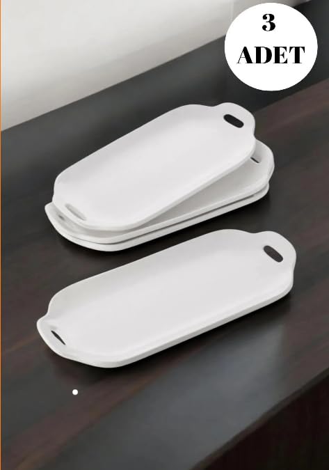 Tavuk Dünyasi Oval Servis Tabağı, Beyaz Seramik, Kulplu Kayık Model, 3'lü Set, Sunum ve Servis için