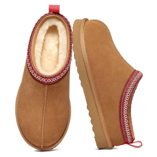 Litfun Women's Fuzzy House Slippers Genuine Suede Fluffy Winter Slipper Cozy Furry Warm Shoes Indoor/Outdoor, Khaki EU 39