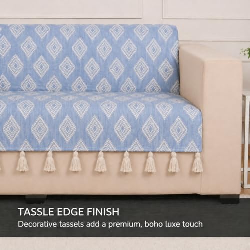 Image of STITCHNEST 'Verdant Rekhika Stories' 2 Seater Sofa Cover - Full Coverage| Elegant Jacquard Fabric, Decorative Tassels, Washable & Durable for Modern Living