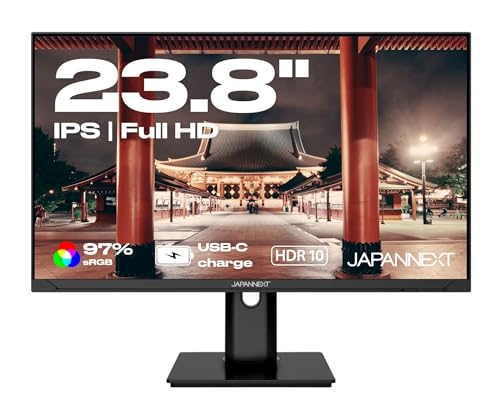 JapanNext Monitor 23.8" IPS Full HD (1920x1080) | HDR | Ricarica tramite USB-C (65W) Altezza e inclinazione regolabili (HSP) Altoparlanti | G-Sync/FreeSync | Garanzia 2 anni | JN-IPS238FHDR-C65W-HSP