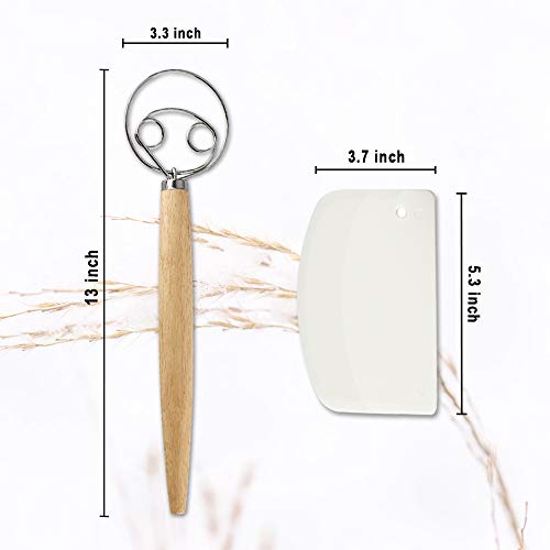 Premium Danish Dough Whisk - 2 Pack 13" Stainless Steel Dutch Whisk (Dough Scraper Included) for Baking Cake, Dessert, Sourdough, Pizza, Pastry - Tool Alternative to a Blender, Mixer or Hook… - Thumbnail 2