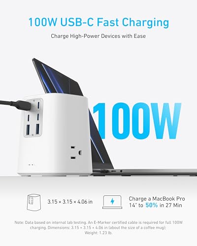 Image of Anker Desktop Charger, 9-in-1 Power Strip with 300J Surge Protector, 5ft Flat Plug Extension Cord with Multiple Devices, 100W USB C Charger with 3 AC, 2 USB A, 4 USB C, Home Office, Desk Accessories
