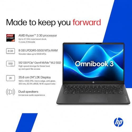 Image of HP OmniBook 3 14 inch Laptop PC, FHD Display, 300 NIts, AMD Ryzen 3 30, 8 GB DDDR5 RAM, 512 GB Gen4 NVMe SSD, AMD Radeon 610M Graphics, Win11, M365* Office24, Iron Gray, 14-hy0030AU
