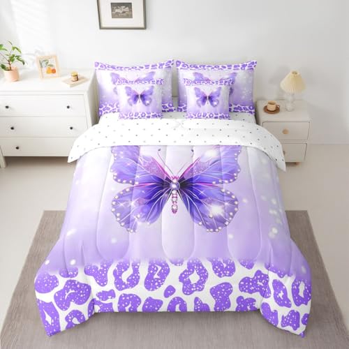 Image of Feelyou Cute Butterfly Full Comforter Set with Sheets for Kids Boys Girls Leopard Print 7 Pieces Bedding Set Butterflies Print Bed in a Bag Glitter Dreamy Princess Soft