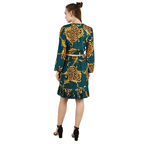 Image of POPWINGS Casual Dark Green Golden Animal Print Crop Top and Skirt Set for Women |Stylish Western Co-Ords Set | Summer Wear Co-ords for Women | V-Neck Crop Top Flare Knee-Length Skirt Set