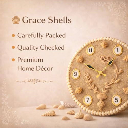 Image of Wall Clock for Hall | Beach Sand Made Sea Shell Design | Large Decorative Silent Non-Ticking Modern Clock for Living Room, Bedroom and Office