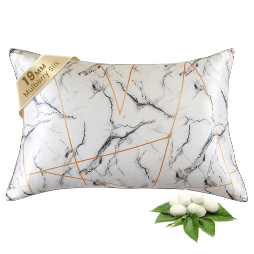 Image of THXSILK Natural Mulberry Silk Pillowcase for Hair and Skin, Grade 6A+ Mulberry Silk Pillow Case with Hidden Zipper, Soft Smooth White Marble Pillowcase(1pc, Queen Size 20 inchx30 inch)