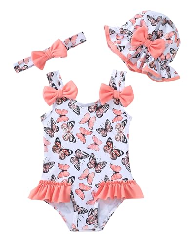 Image of SODLON Baby Girl Swimsuit Infant One-Piece Bathing Suit Cute Summer Beach Tankini Bikini Ruffle Bow Toddler Swimwear with Hat