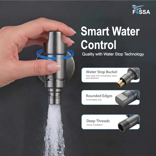 Image of Fossa 1-Year Warranty Stainless Steel Laundry Washing Machine Faucet | Outdoor Water Spigot with Handle | Multi-Use Hose Connector Tap, Angle Valve - Grey (Matte Finish)
