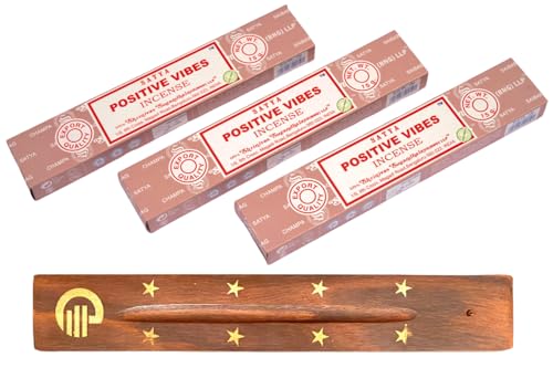 Original Satya Positive Vibes Incense Sticks Pack of 3X 15G with Greensense Holder for Aromatherapy, Spa, Yoga, Weddings, Meditation, Healing, Positivity and Relaxation