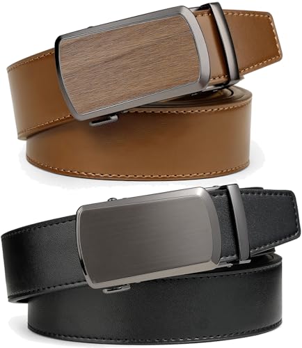 Drowsmen Ratchet Belt for men, leather belt 2 packs in Gift Set Box Size Adjustable belt, waist Trim to Fit2