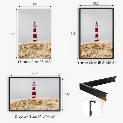 Image of 15x18 Aluminum Metal Picture Frame with Tempered Glass,Black Photo Frame 15x18 for Wall Gallery Poster Puzzles Artwork Frame 15 x 18 to Wall Mount Horizontal or Vertical
