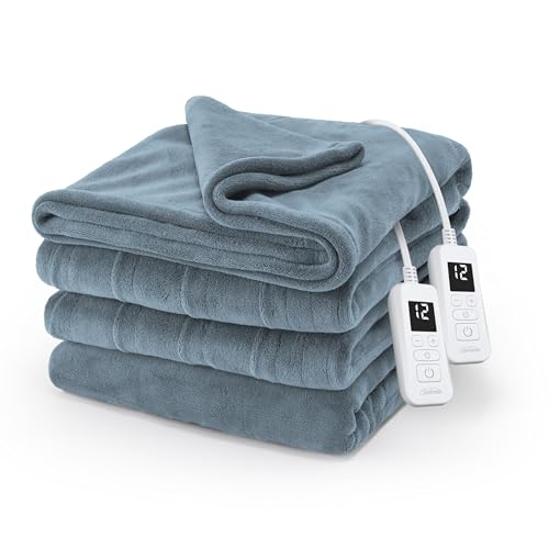 Sunbeam Electric Royal Luxe Microplush Heated Blanket 12 Heat Settings 12-Hour Auto Shut-Off Fast Heating Warm and Cozy Cadet Blue Color Full (84 x 72)