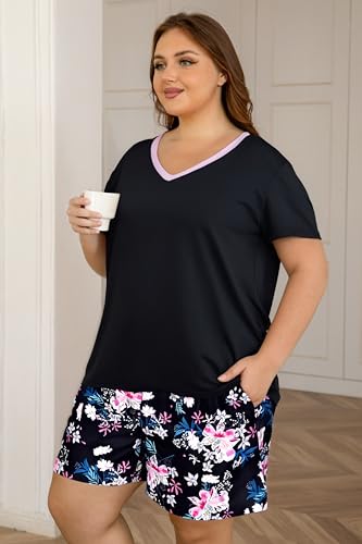 Image of Vozanet Women's Short Sleeve Top and Shorts Pajama Sets Plus Size V Neck Colorful Flower Nighty Loungewear With TWO Pockets