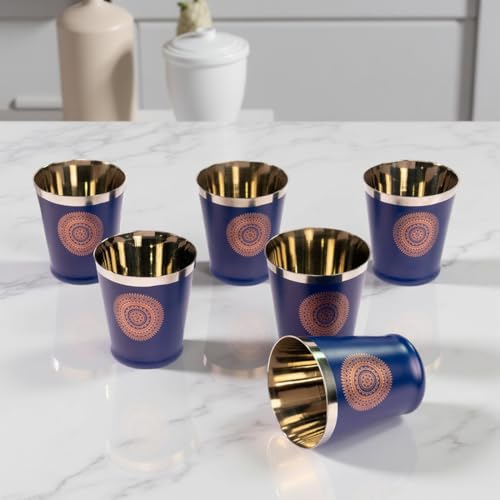 Image of JISCOVERY Stainless Steel Printed Glasses Set of 6 for Water, Milk, Lassi & Juice| Serving Glass Set| Designer Glass Tumblers| Capacity- 300 ML (Each) (Blue, Bucket)