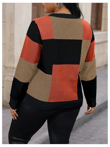 Image of RoseSeek Women's Plus Size Colorblock Crewneck Sweater Long Sleeve Drop Shoulder Pullover Knitwear Multicolor X-Large Plus