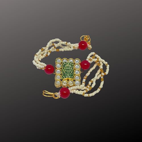 Image of Traditional Kundan Bracelet with Pearl Beads, Red Stone Accents, Green Enamel Centerpiece, Gold Tone