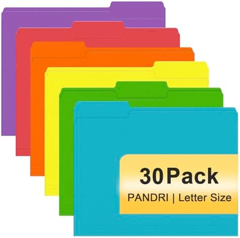 File Folder, PANDRI 30 Pack Colored File Folder, 1/3 Cut Tabs, Letter Size, Assorted 6 Colors Filing Folder for Office School Business