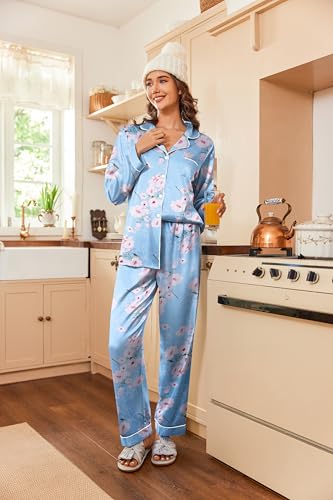 Image of Ekouaer Women's Classic Button Down Long Satin Silk Pajama Set