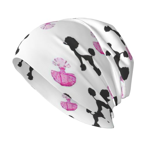 aqwerrea Gorro de punto unisex con estampado de botella de perfume y caniche de color rosa femenino para hombres y mujeres